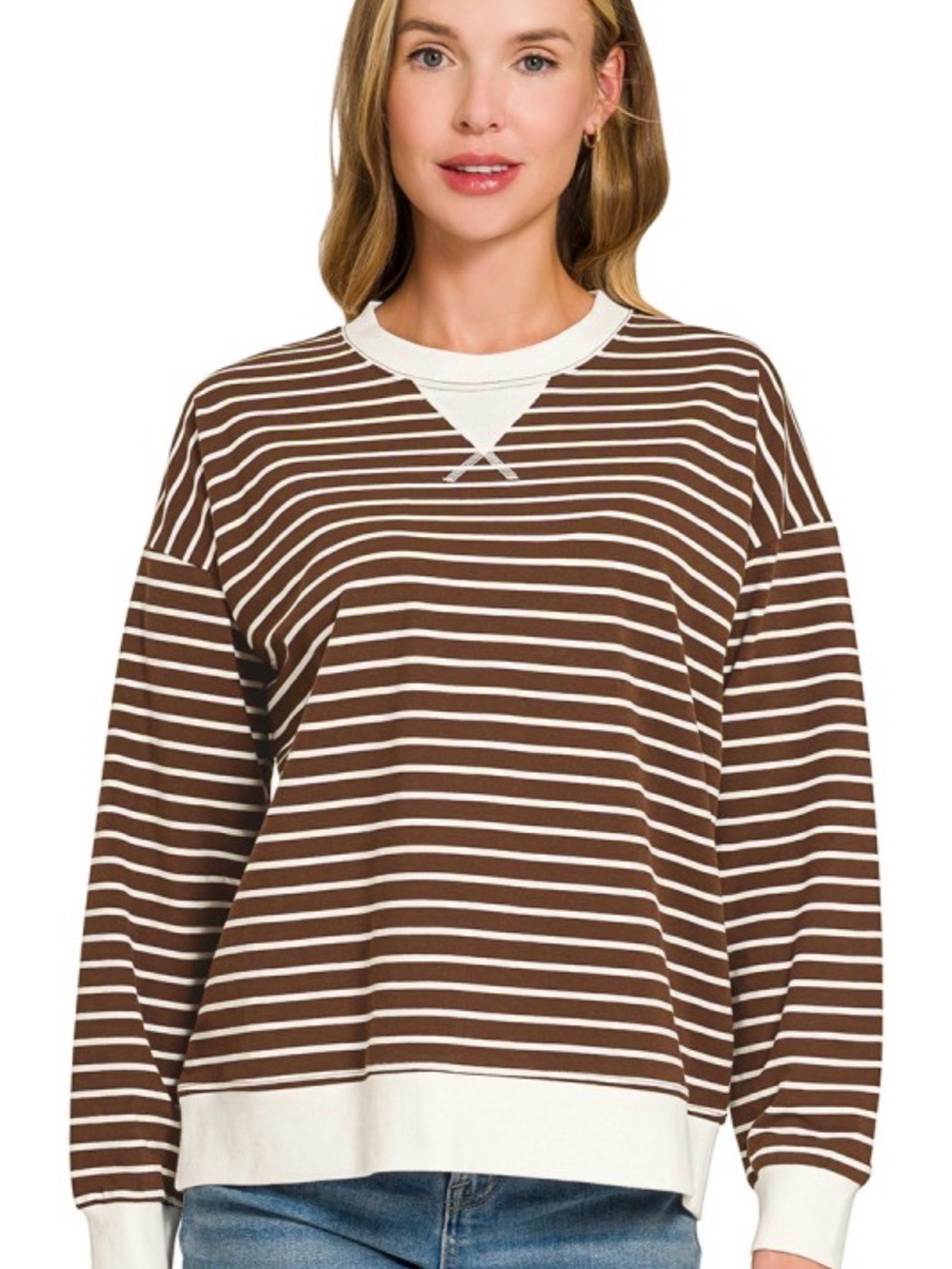 Zenana Women's Espresso & White Striped Crewneck Sweatshirt